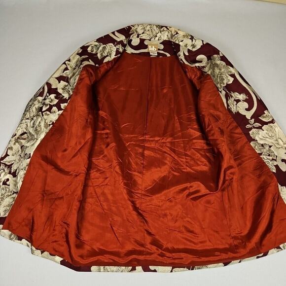 Vintage Washed Silk Blazer Women 2 Jacket Floral Elegant Formal Baroque Burgundy - Picture 9 of 14